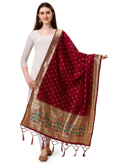 Paithani Banarasi Silk Dupatta in Maroon with Zari Meenakari Work