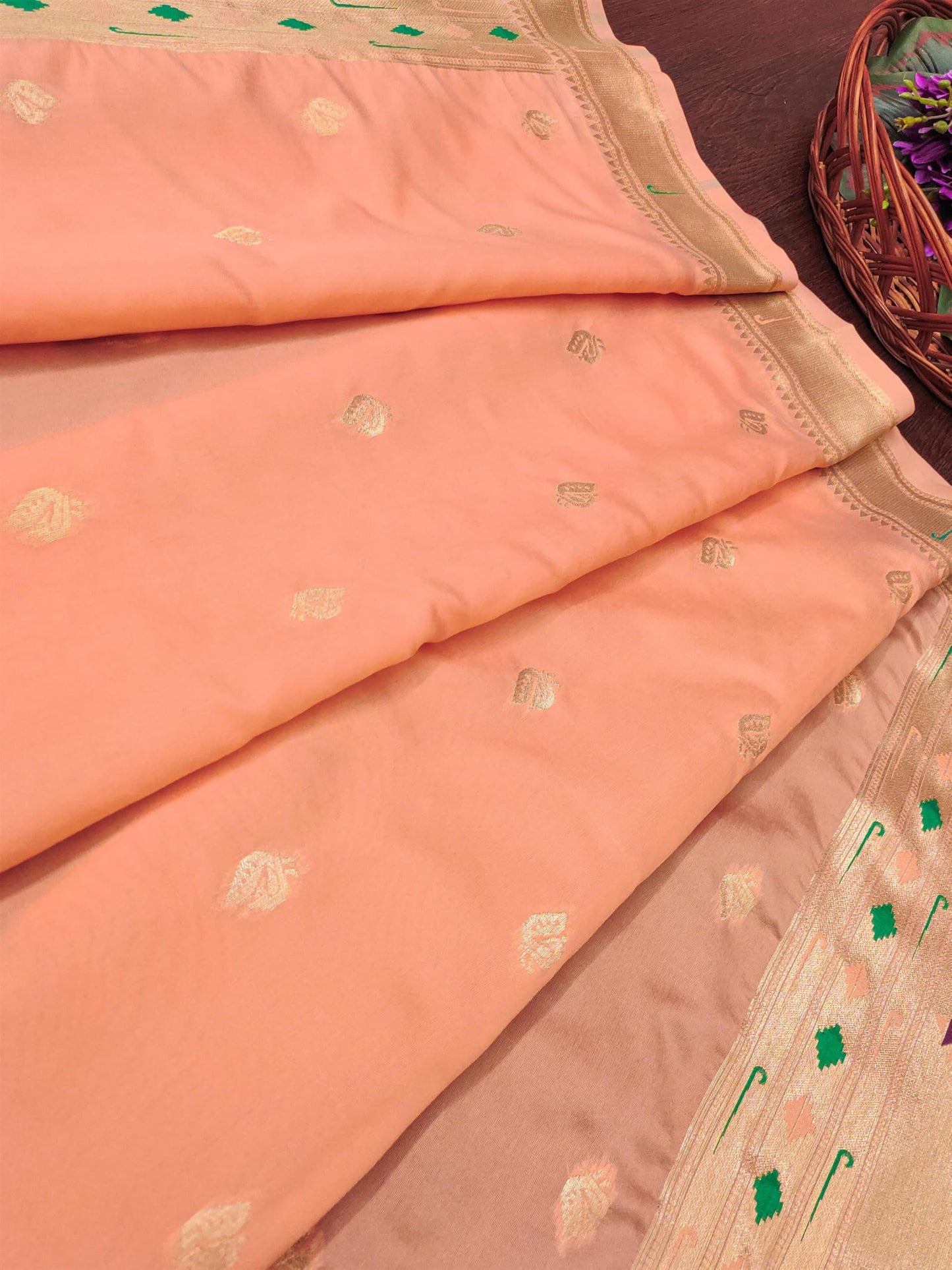Banarasi Silk Dupatta in Peach with Gold Zari Booti and Contrast Woven Border