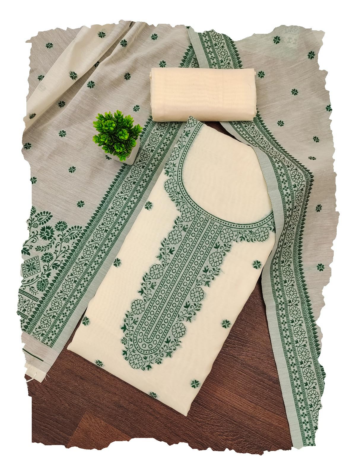 Elegant Cream & Green Silk Cotton Unstitched Suit Set