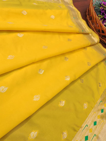 Banarasi Silk Dupatta in Golden yellow with Gold Zari Booti and Contrast Woven Border