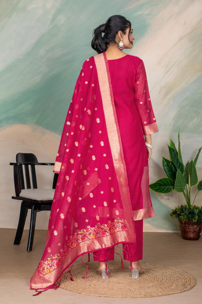 Rani Silk Kurta Pant Set with Handwoven Dupatta