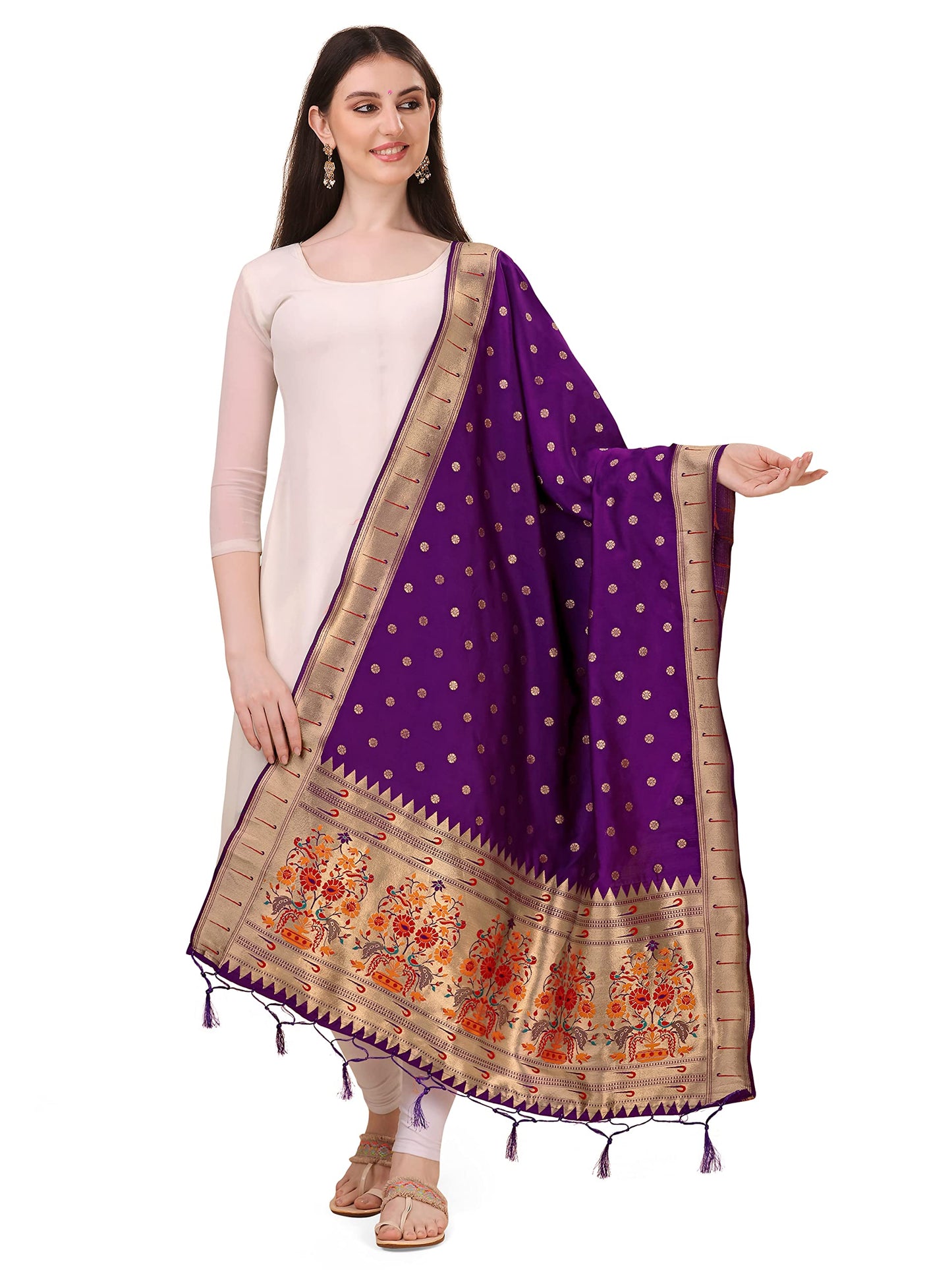 Paithani Banarasi Silk Dupatta in purple  with  Zari Meenakari Work