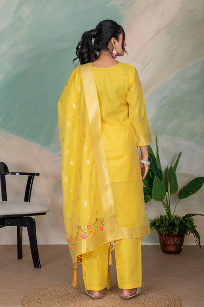 Yellow Silk Kurta Pant Set with Handwoven Dupatta