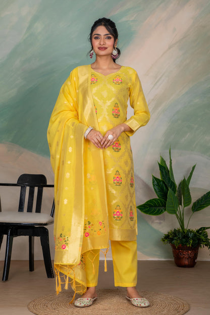 Yellow Silk Kurta Pant Set with Handwoven Dupatta