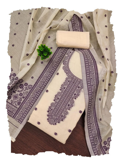Elegant Cream & Purple Silk Cotton Unstitched Suit Set