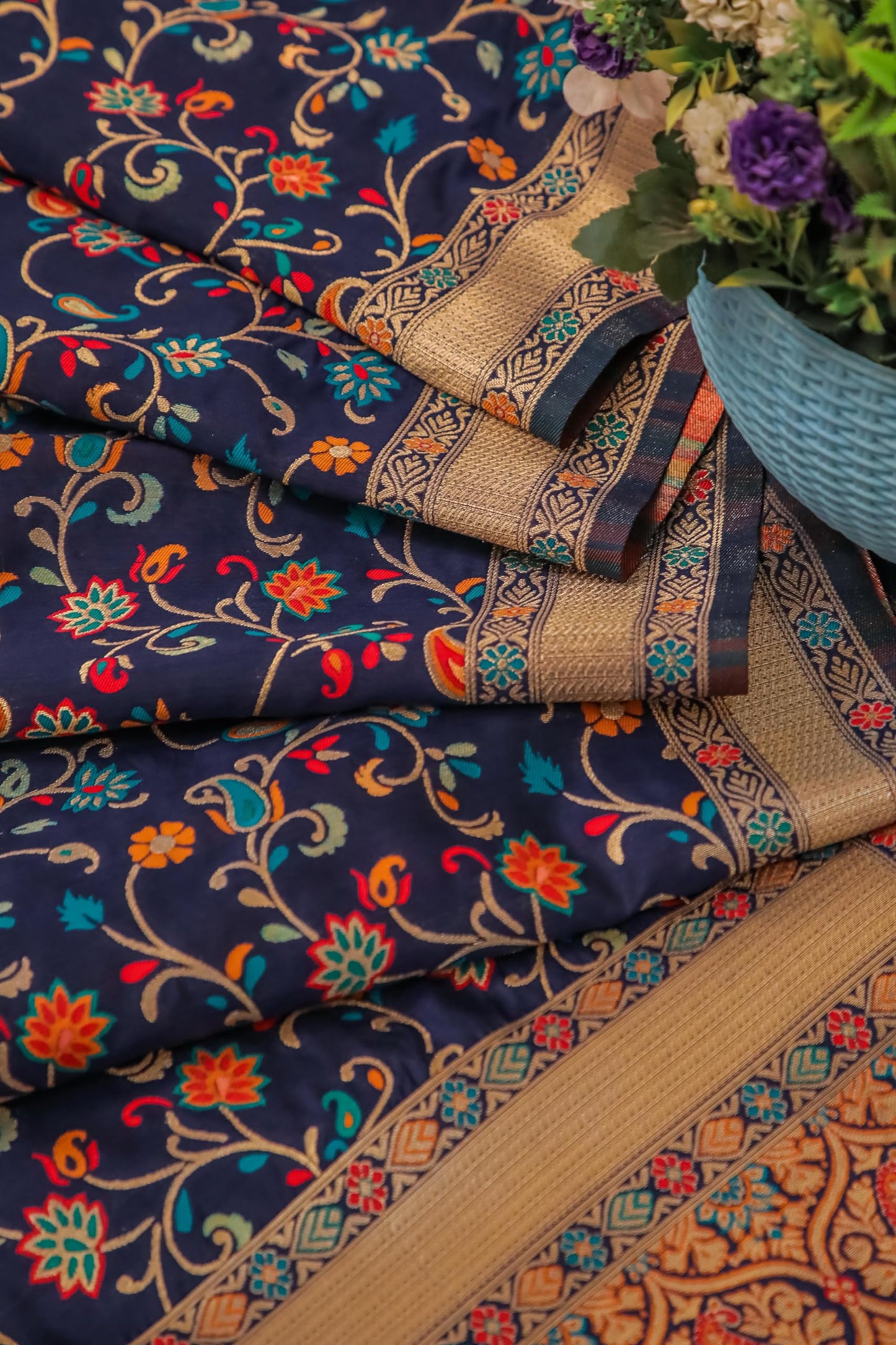 Navy Banarasi Silk Dupatta with Meena work