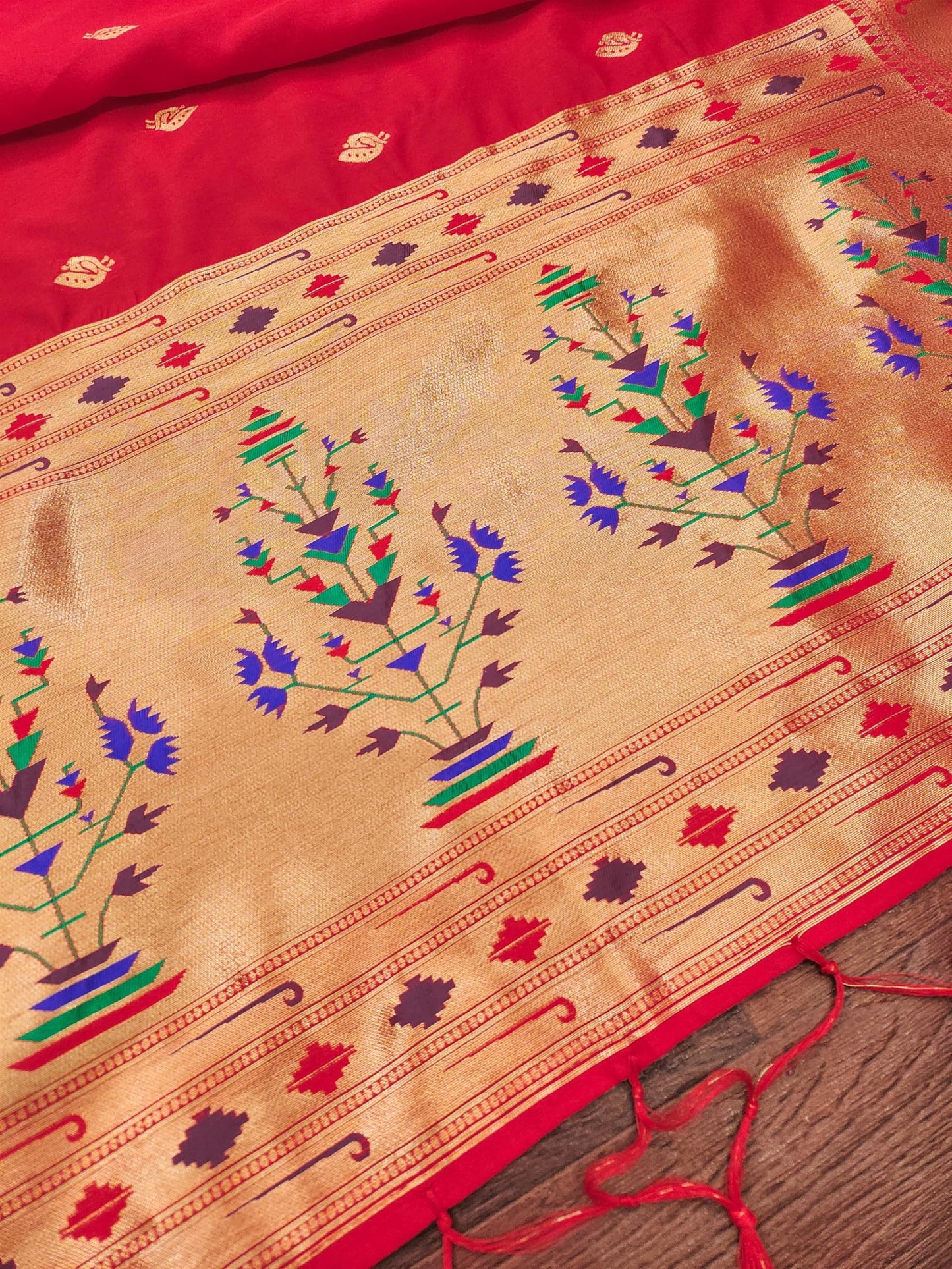 Banarasi Silk Dupatta in Red with Gold Zari Booti and Contrast Woven Border