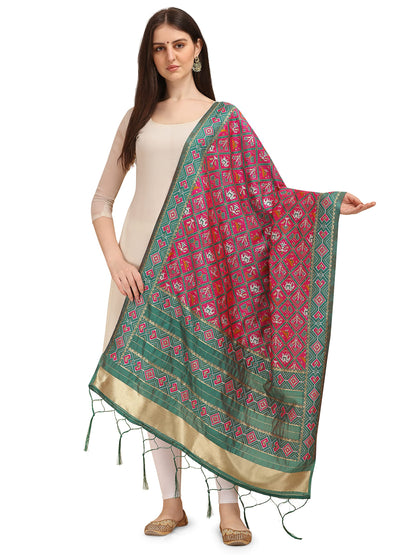 Patola Ikkat Silk Dupatta with Intricate Geometric Weave & Golden Border