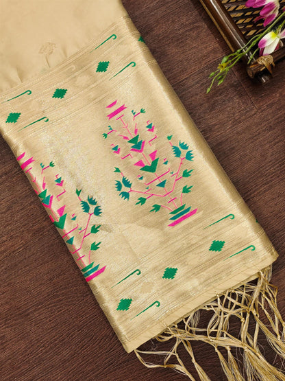 Banarasi Silk Dupatta in Chiku with Gold Zari Booti and Contrast Woven Border