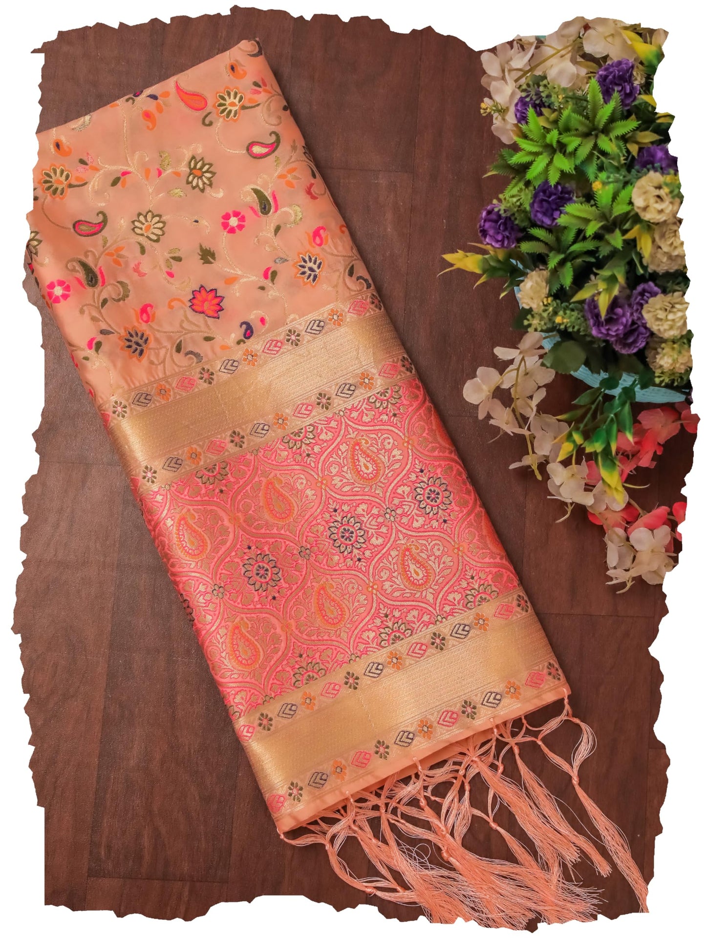 Peach Banarasi Silk Dupatta with Meena work