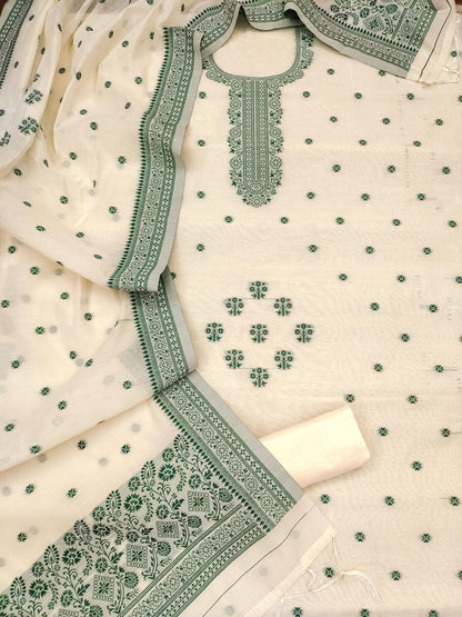 Elegant Cream & Green Silk Cotton Unstitched Suit Set