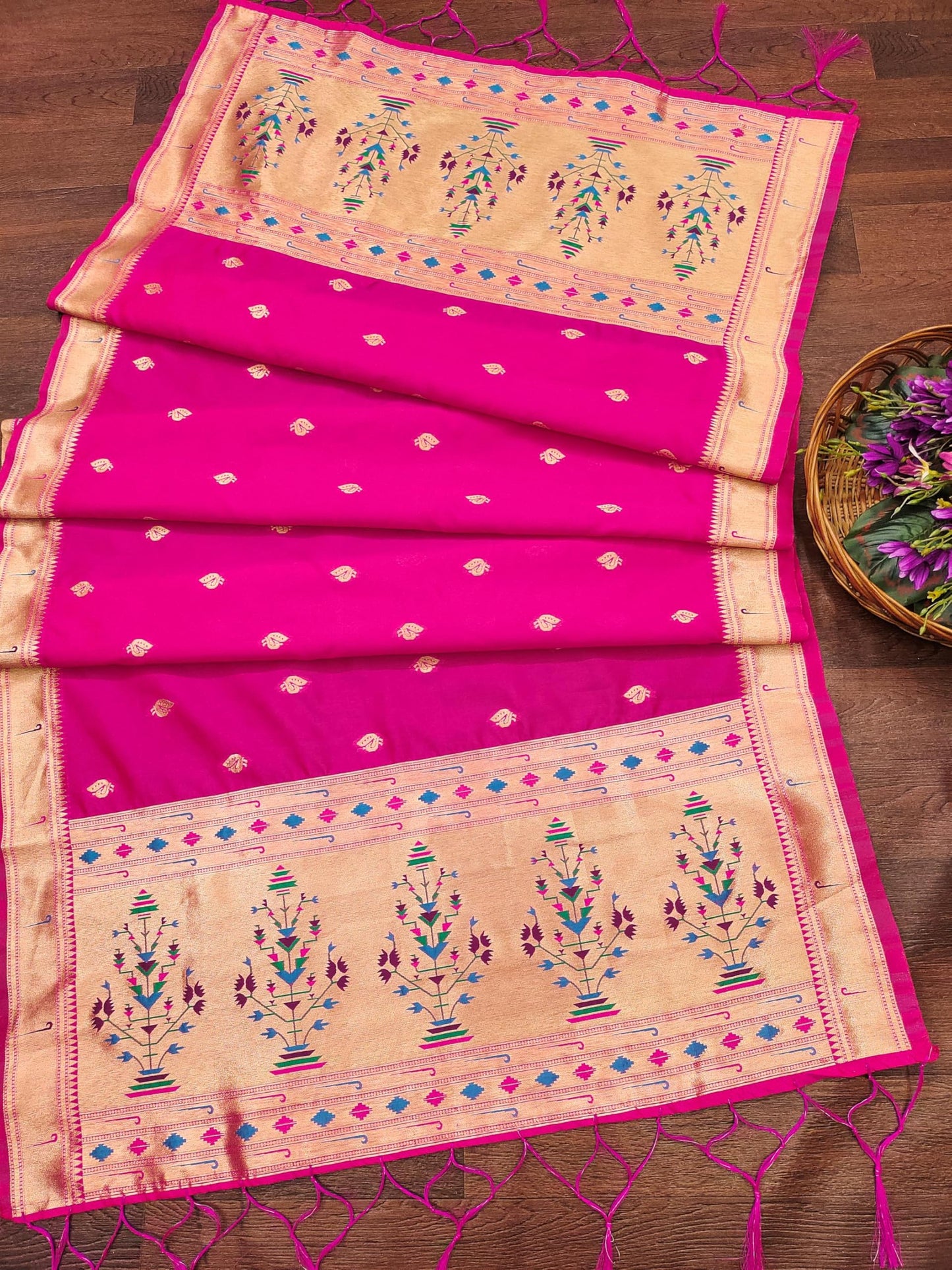 Banarasi Silk Dupatta in Rani with Gold Zari Booti and Contrast Woven Border