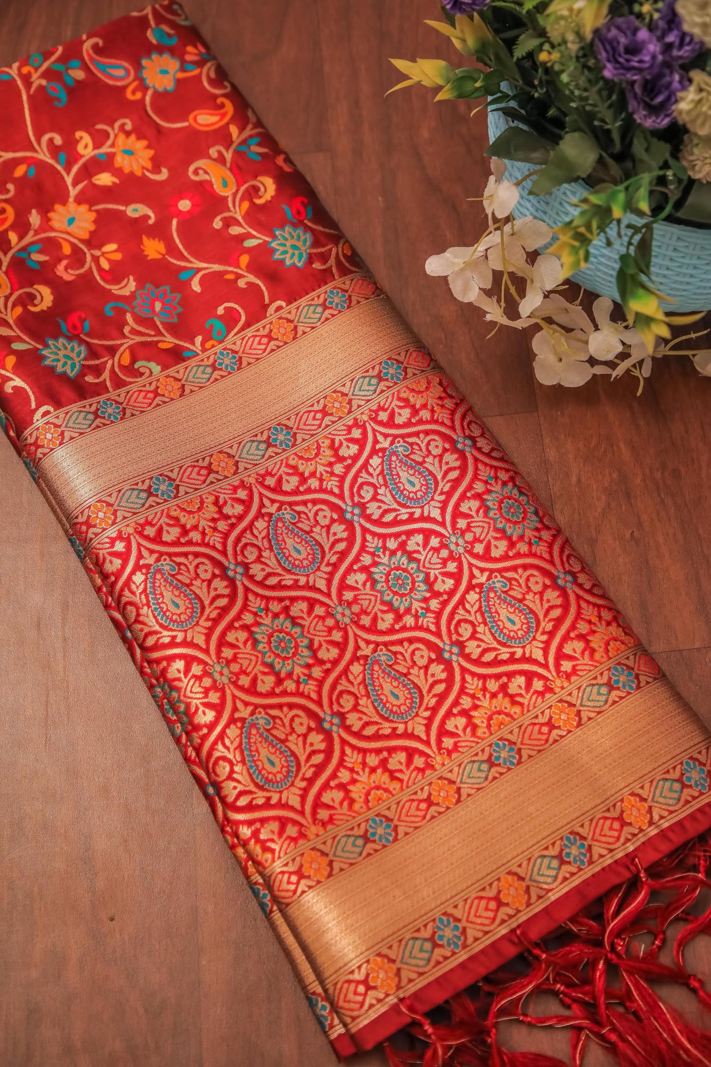Maroon Banarasi Silk Dupatta with Meena work