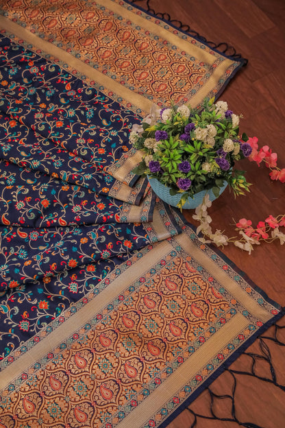 Navy Banarasi Silk Dupatta with Meena work