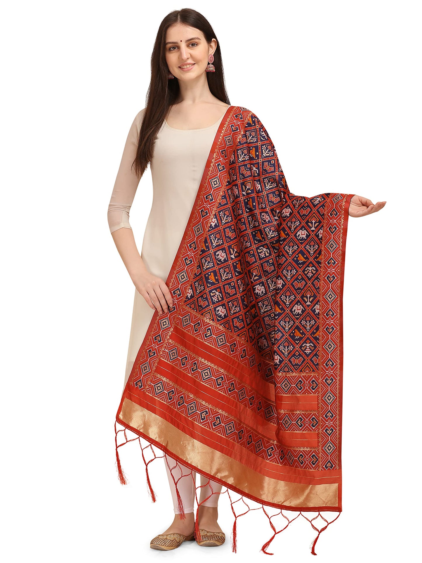 Patola Ikkat Silk Dupatta with Intricate Geometric Weave & Golden Border