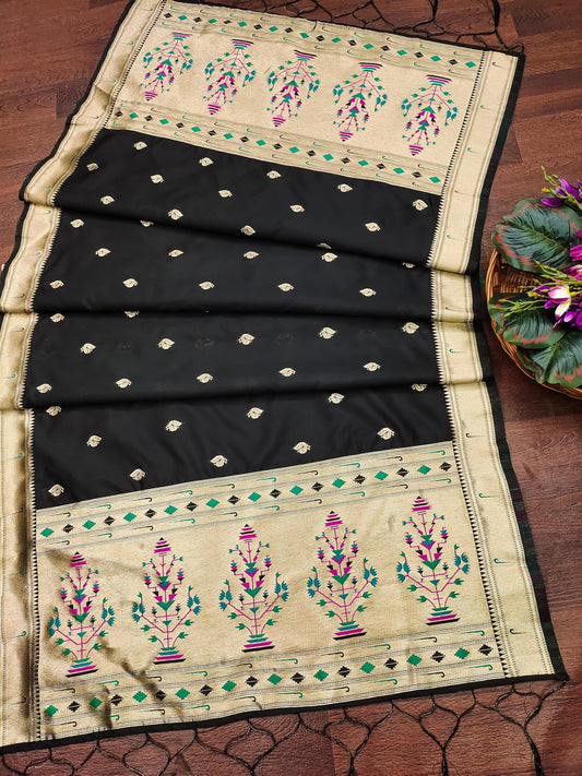 Banarasi Silk Dupatta in DeepBlack with Gold Zari Booti and Contrast Woven Border