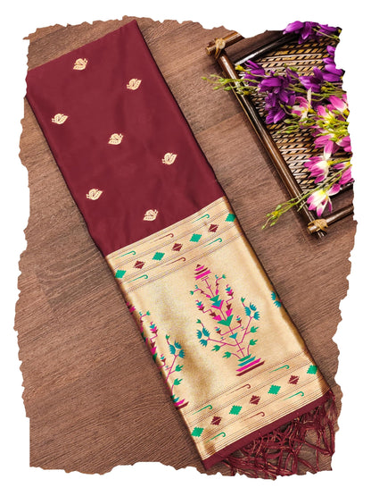Banarasi Silk Dupatta in Maroon with Gold Zari Booti and Contrast Woven Border