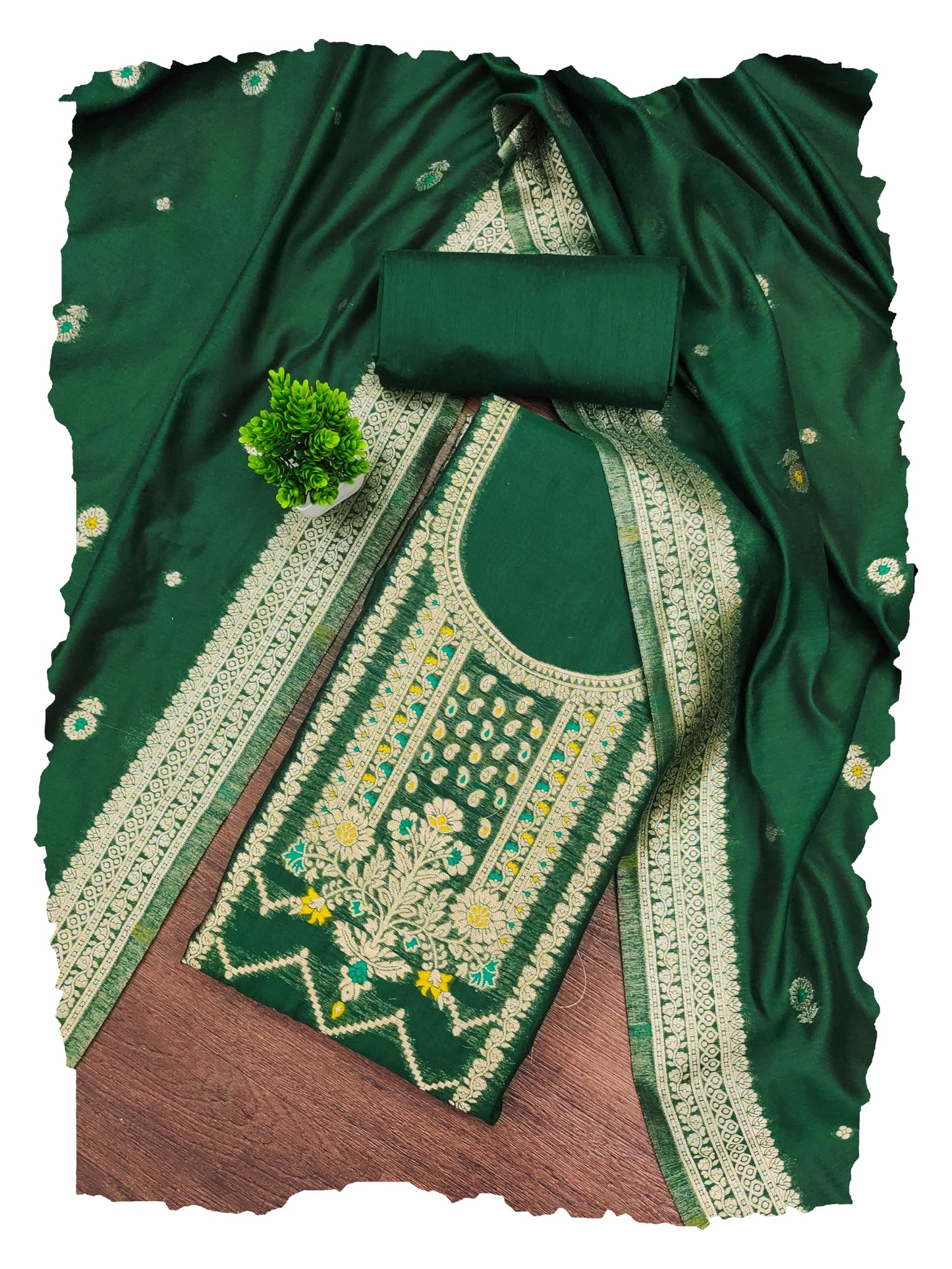 Green Jacquard Suit Set with Zari Detailing – Luxe Woven Elegance