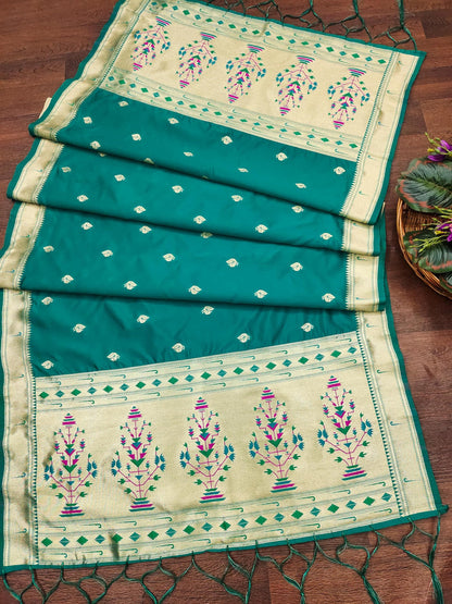 Banarasi Silk Dupatta in Turquoise with Gold Zari Booti and Contrast Woven Border