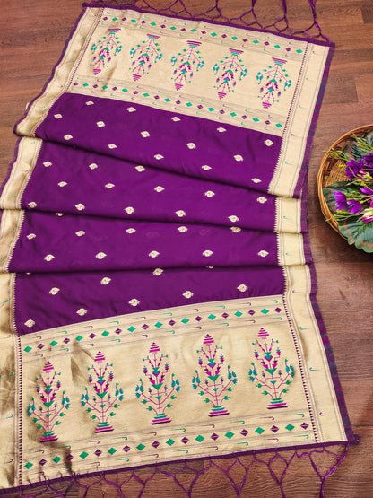 Banarasi Silk Dupatta in Royal Purple with Gold Zari Booti and Contrast Woven Border