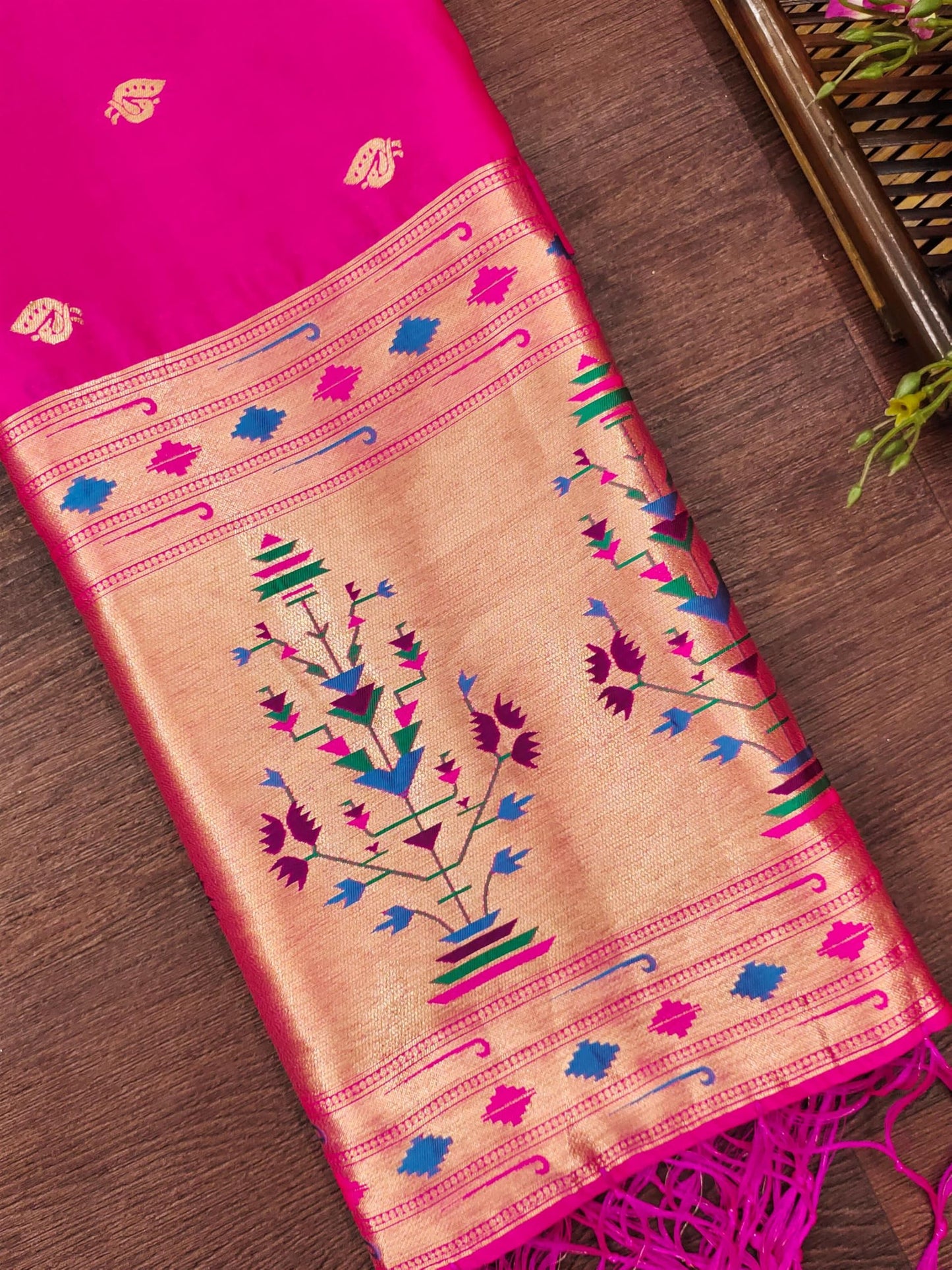 Banarasi Silk Dupatta in Rani with Gold Zari Booti and Contrast Woven Border