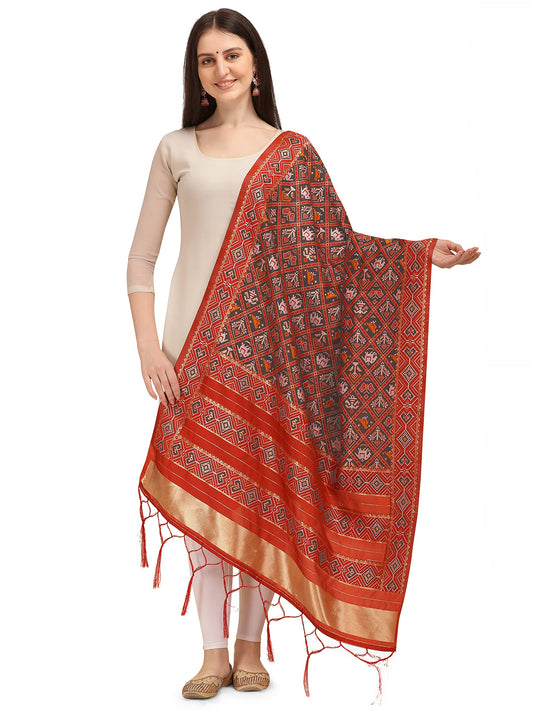 Patola Ikkat Silk Dupatta with Intricate Geometric Weave & Golden Border