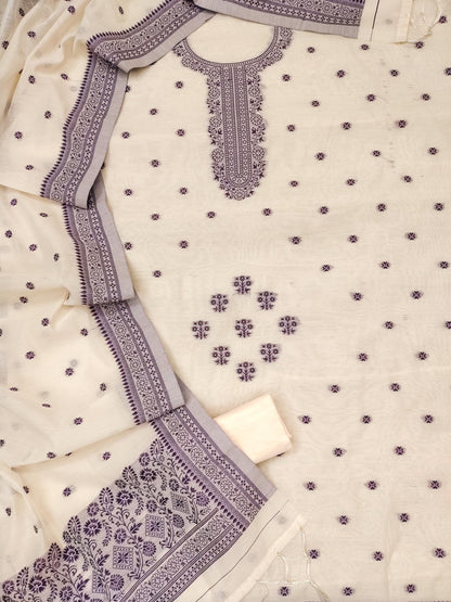 Elegant Cream & Purple Silk Cotton Unstitched Suit Set
