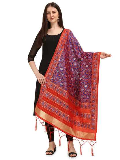 Patola Ikkat Silk Dupatta with Intricate Geometric Weave & Golden Border