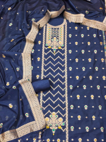 Navy Jacquard Suit Set with Zari Detailing – Luxe Woven Elegance