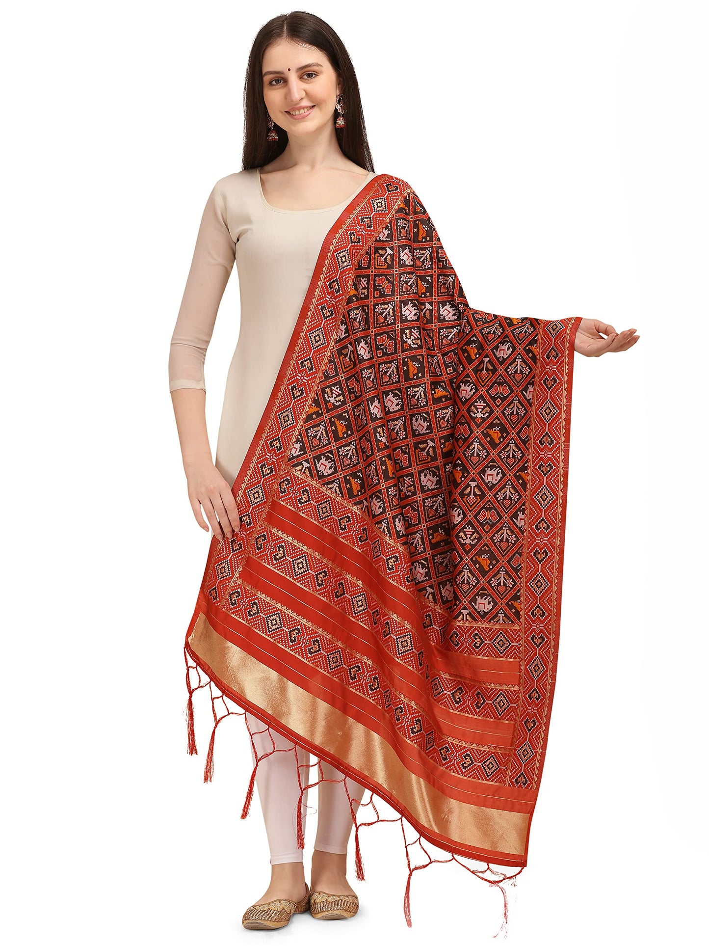 Patola Ikkat Silk Dupatta with Intricate Geometric Weave & Golden Border