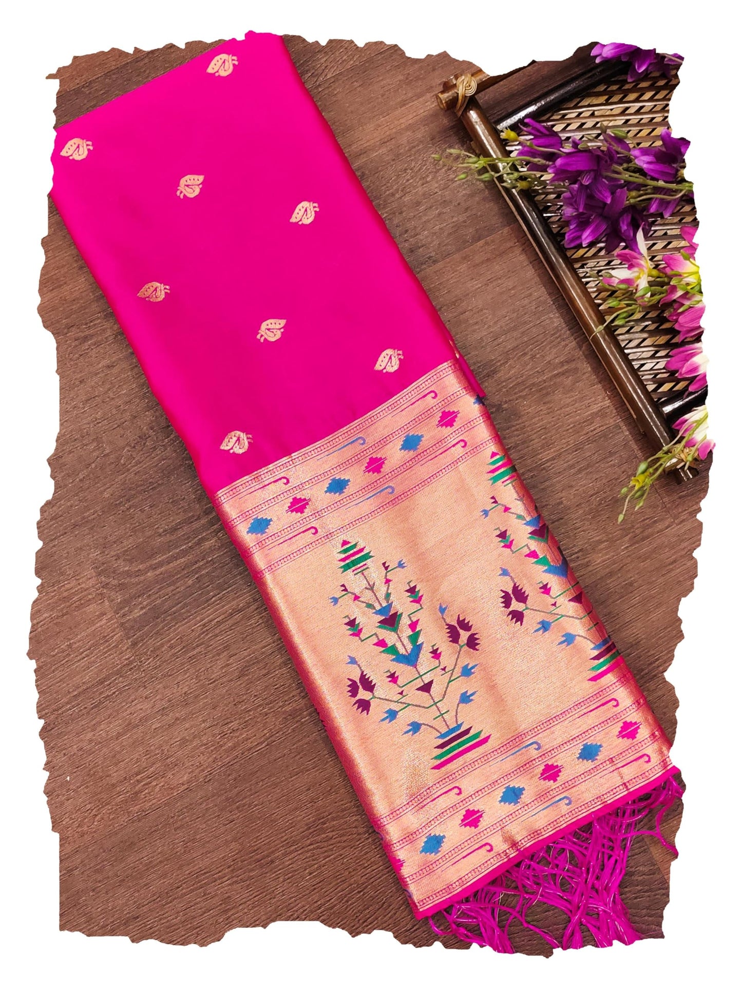 Banarasi Silk Dupatta in Rani with Gold Zari Booti and Contrast Woven Border