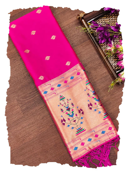 Banarasi Silk Dupatta in Rani with Gold Zari Booti and Contrast Woven Border