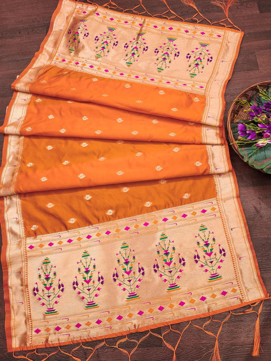 Banarasi Silk Dupatta in Orange with Gold Zari Booti and Contrast Woven Border