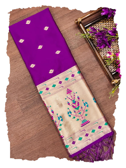 Banarasi Silk Dupatta in Royal Purple with Gold Zari Booti and Contrast Woven Border