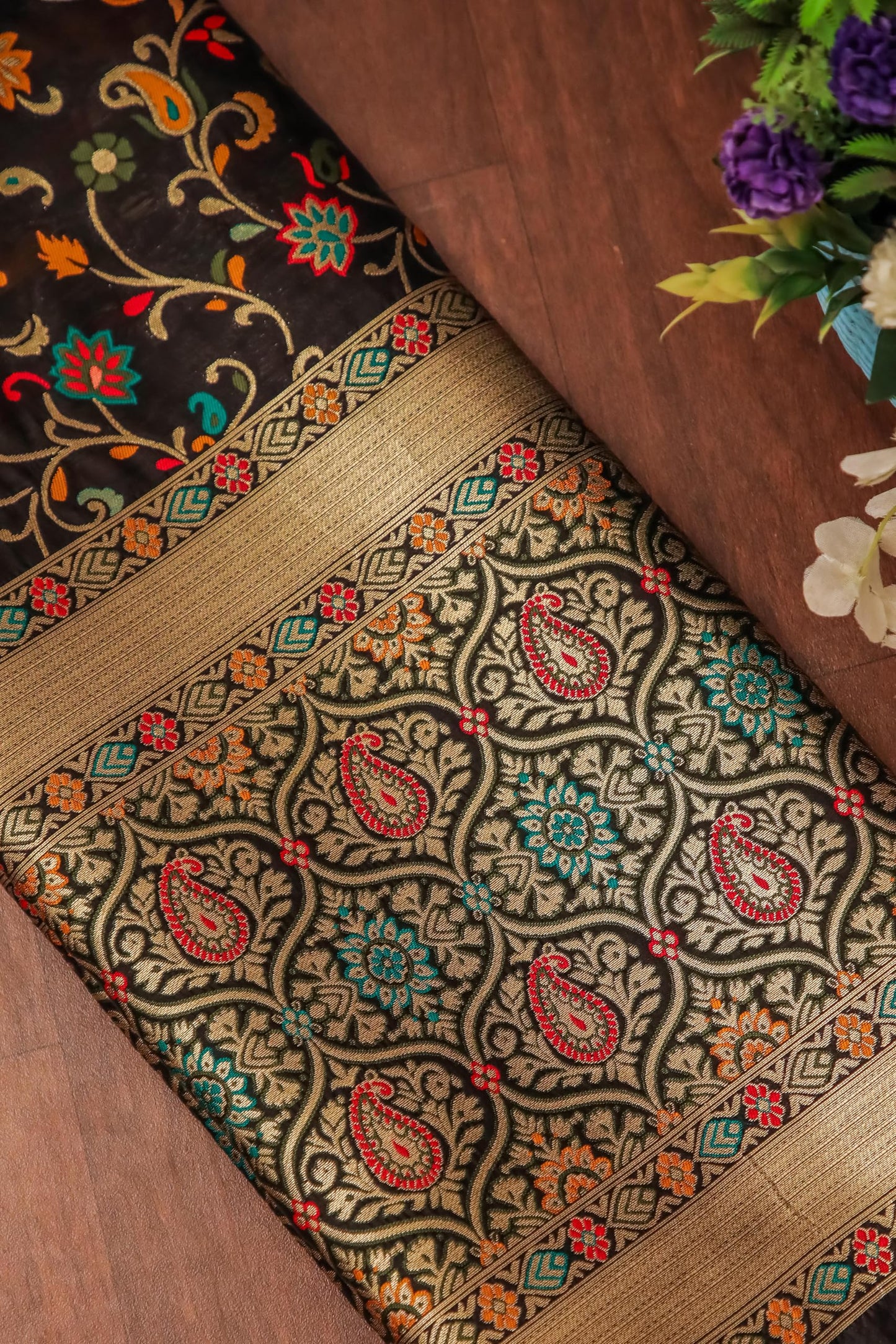 Black Banarasi Silk Dupatta with Meena work