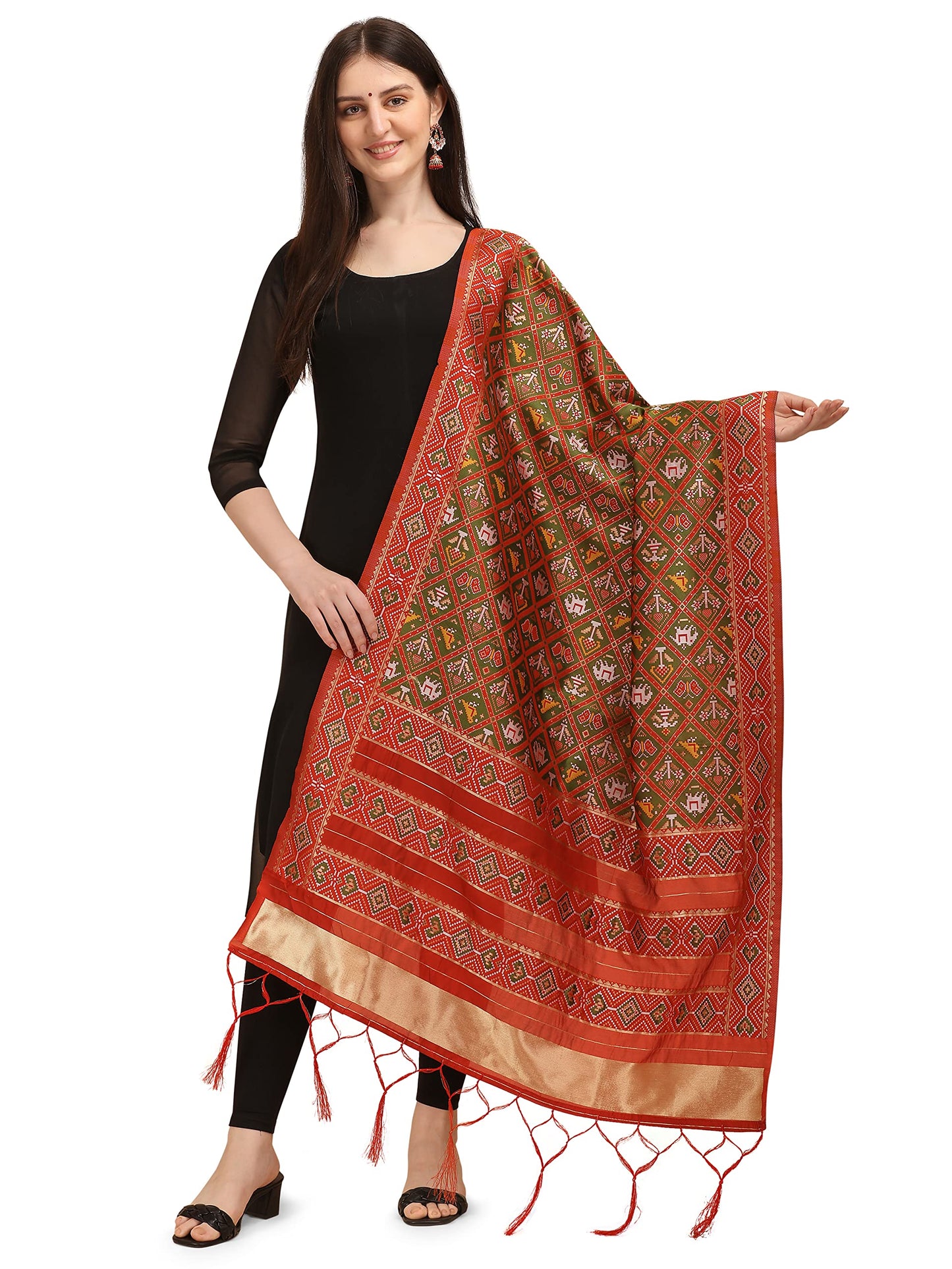 Patola Ikkat Silk Dupatta with Intricate Geometric Weave & Golden Border