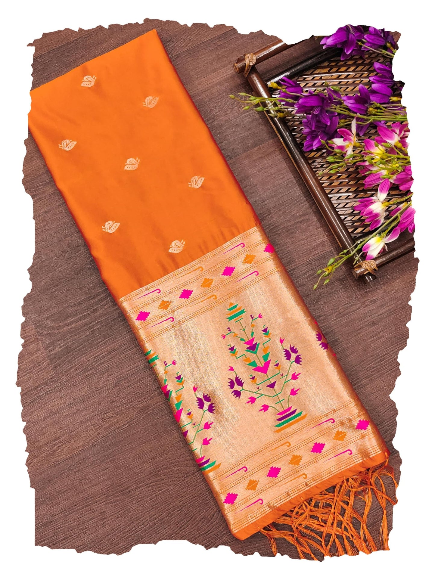 Banarasi Silk Dupatta in Orange with Gold Zari Booti and Contrast Woven Border