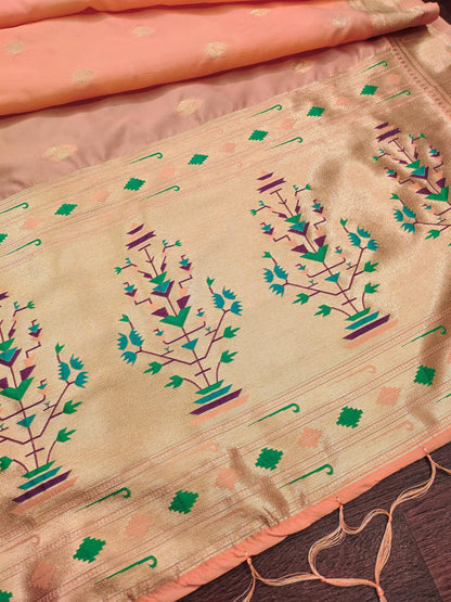 Banarasi Silk Dupatta in Peach with Gold Zari Booti and Contrast Woven Border