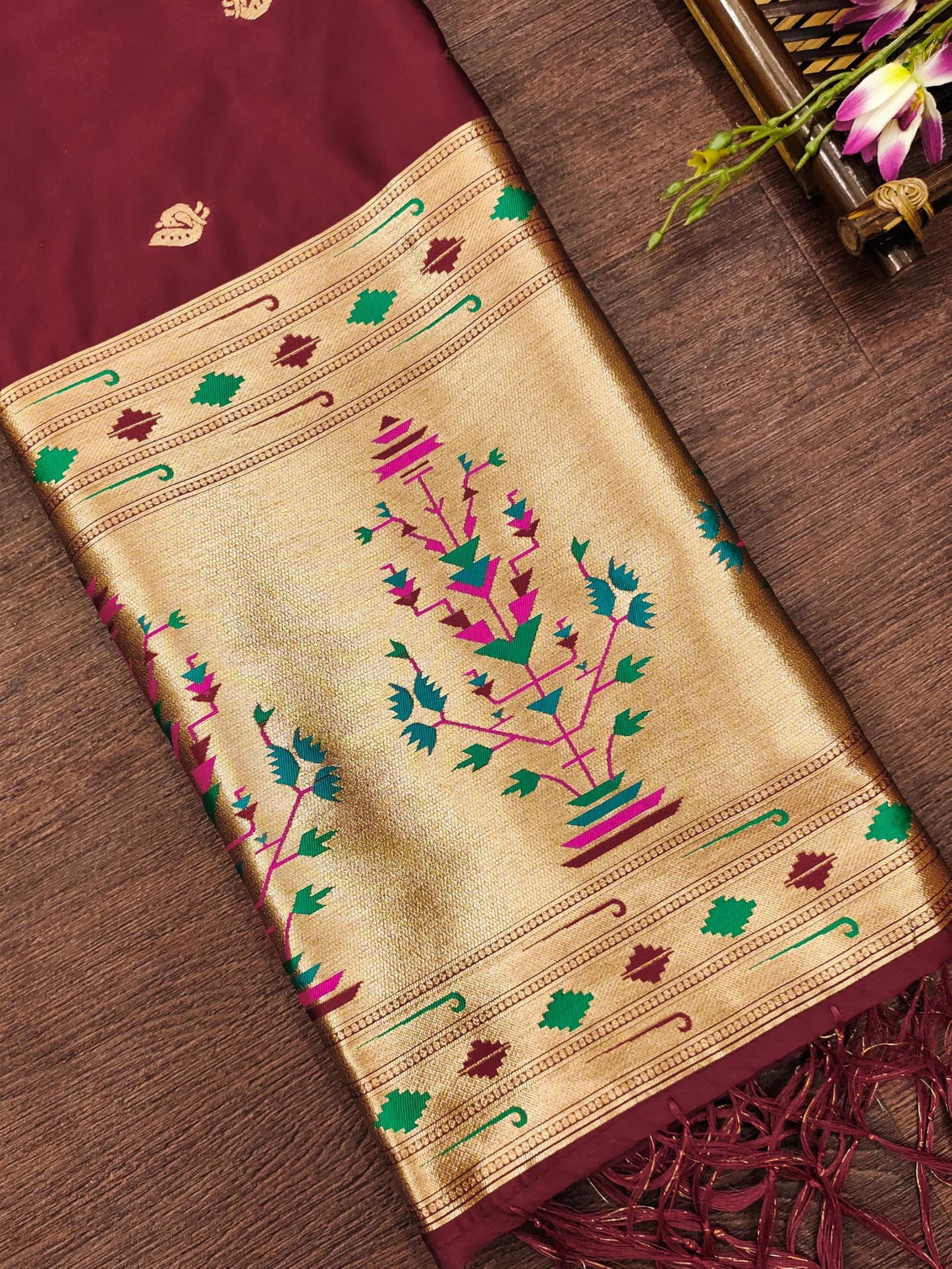 Banarasi Silk Dupatta in Maroon with Gold Zari Booti and Contrast Woven Border