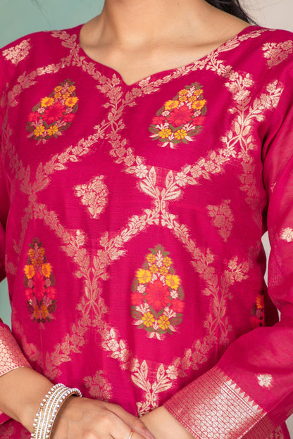 Rani Silk Kurta Pant Set with Handwoven Dupatta