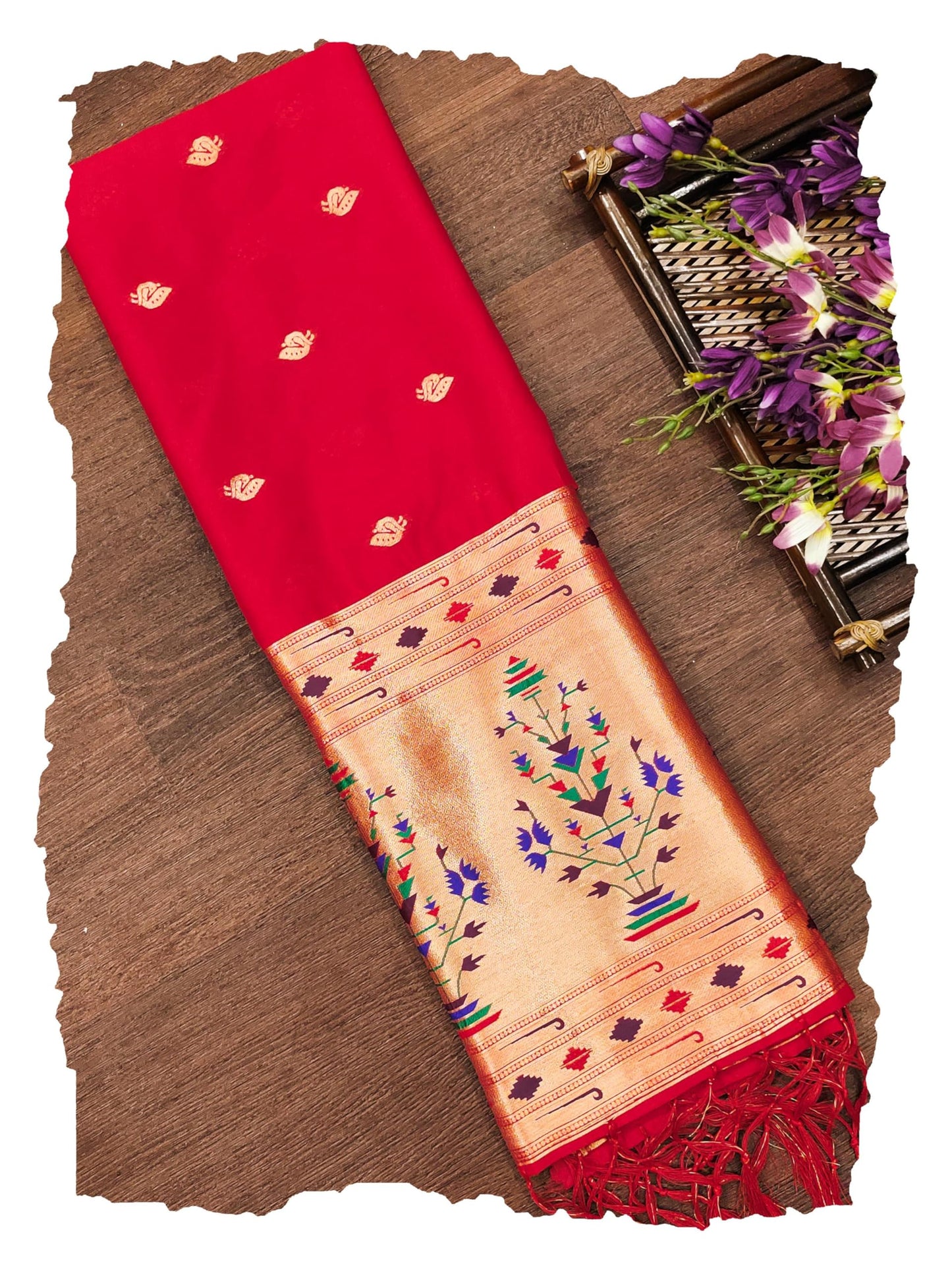 Banarasi Silk Dupatta in Red with Gold Zari Booti and Contrast Woven Border