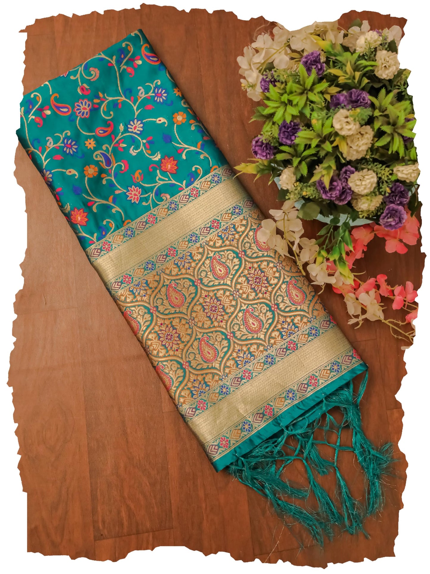 Turquoise Banarasi Silk Dupatta with Meena work