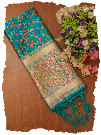 Turquoise Banarasi Silk Dupatta with Meena work