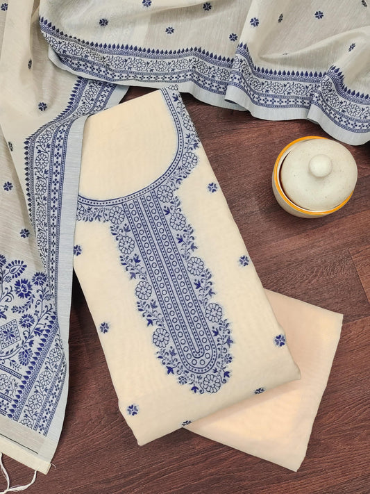 Elegant Cream & Blue Silk Cotton Unstitched Suit Set