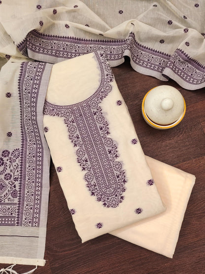 Elegant Cream & Purple Silk Cotton Unstitched Suit Set
