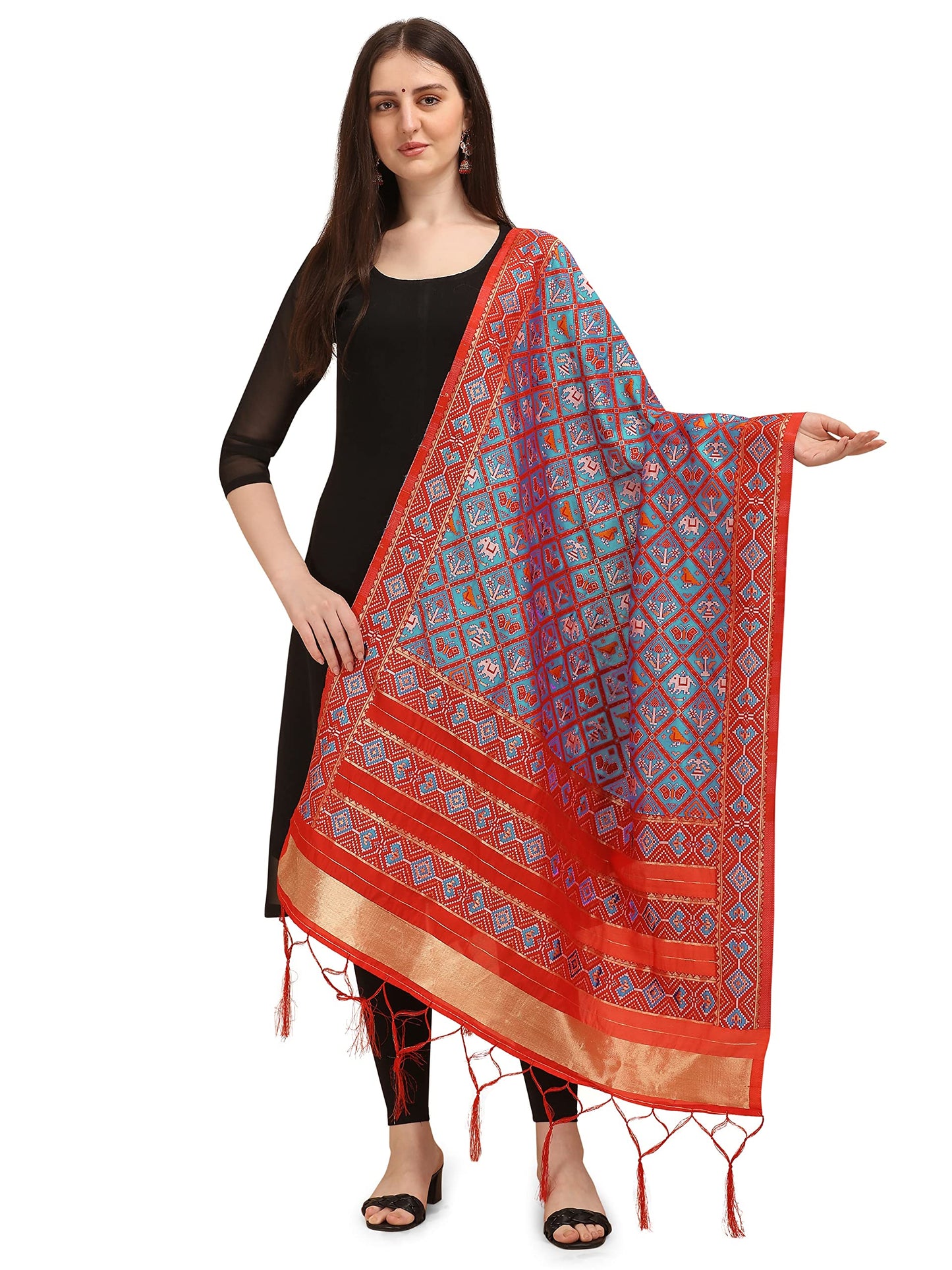 Patola Ikkat Silk Dupatta with Intricate Geometric Weave & Golden Border