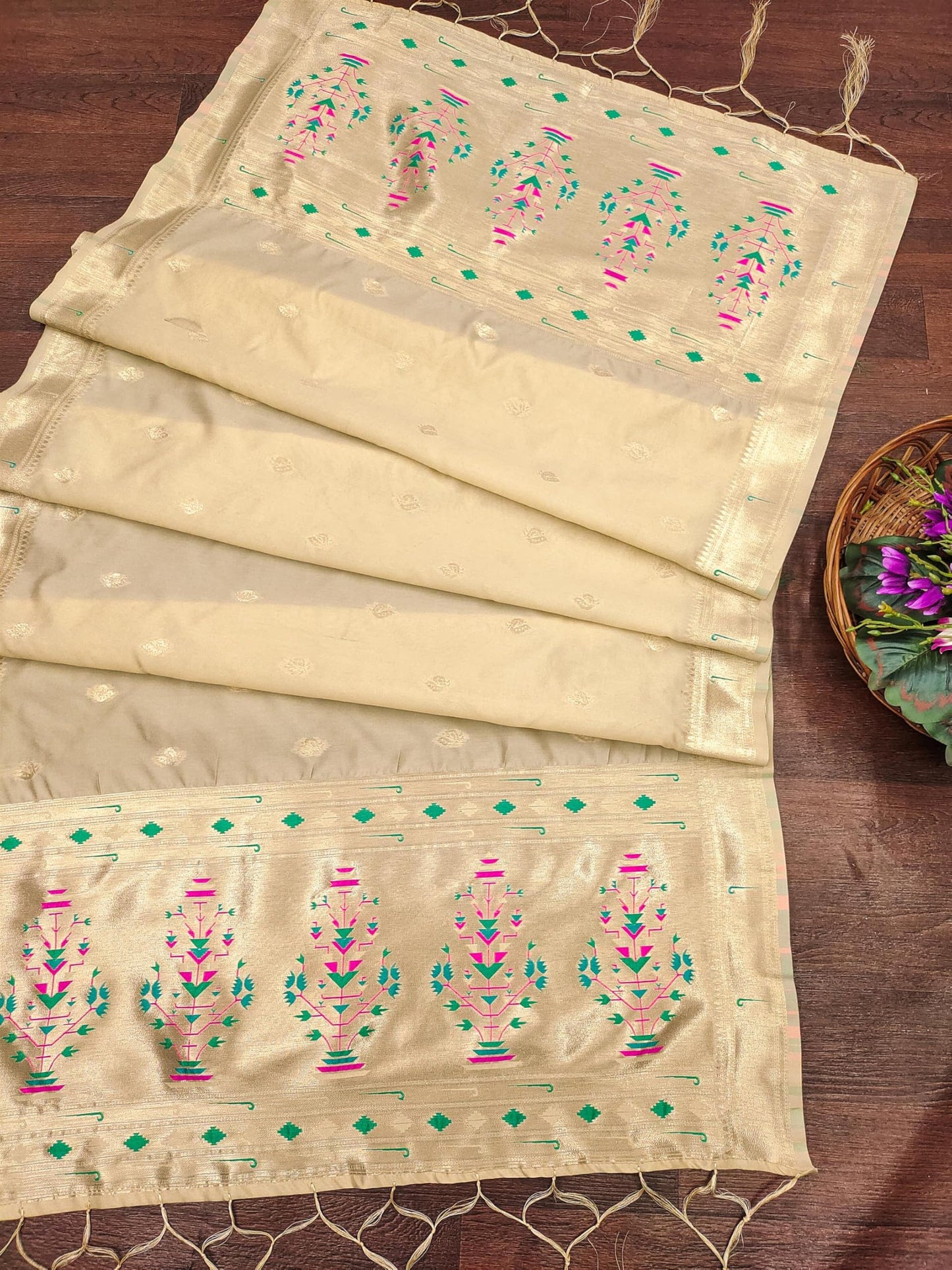 Banarasi Silk Dupatta in Chiku with Gold Zari Booti and Contrast Woven Border