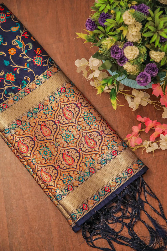 Navy Banarasi Silk Dupatta with Meena work