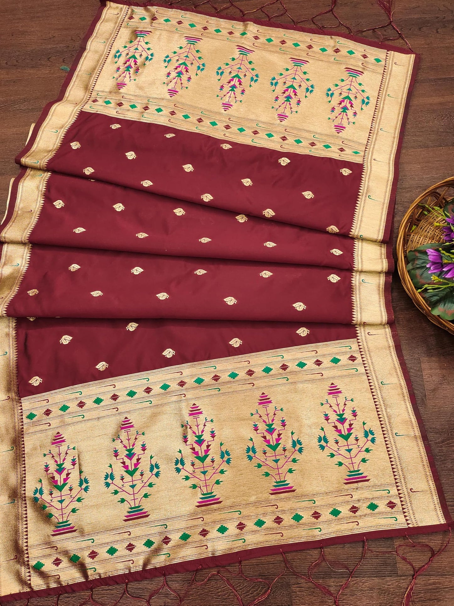 Banarasi Silk Dupatta in Maroon with Gold Zari Booti and Contrast Woven Border