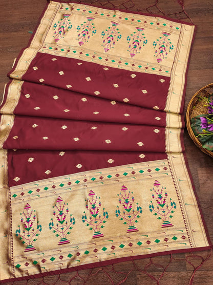 Banarasi Silk Dupatta in Maroon with Gold Zari Booti and Contrast Woven Border
